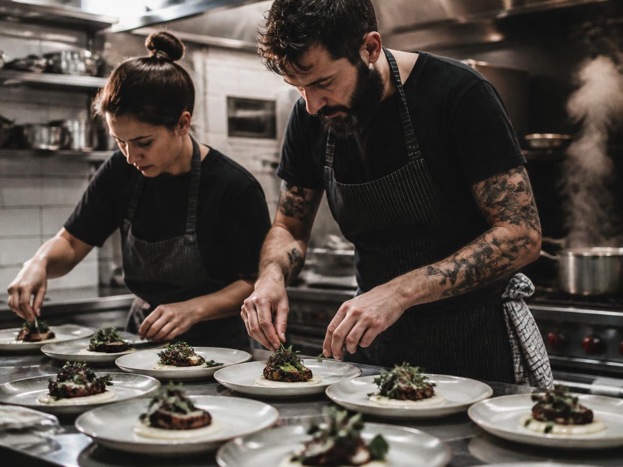 Två kockar lägger upp mat på tallrikar i ett cateringkök