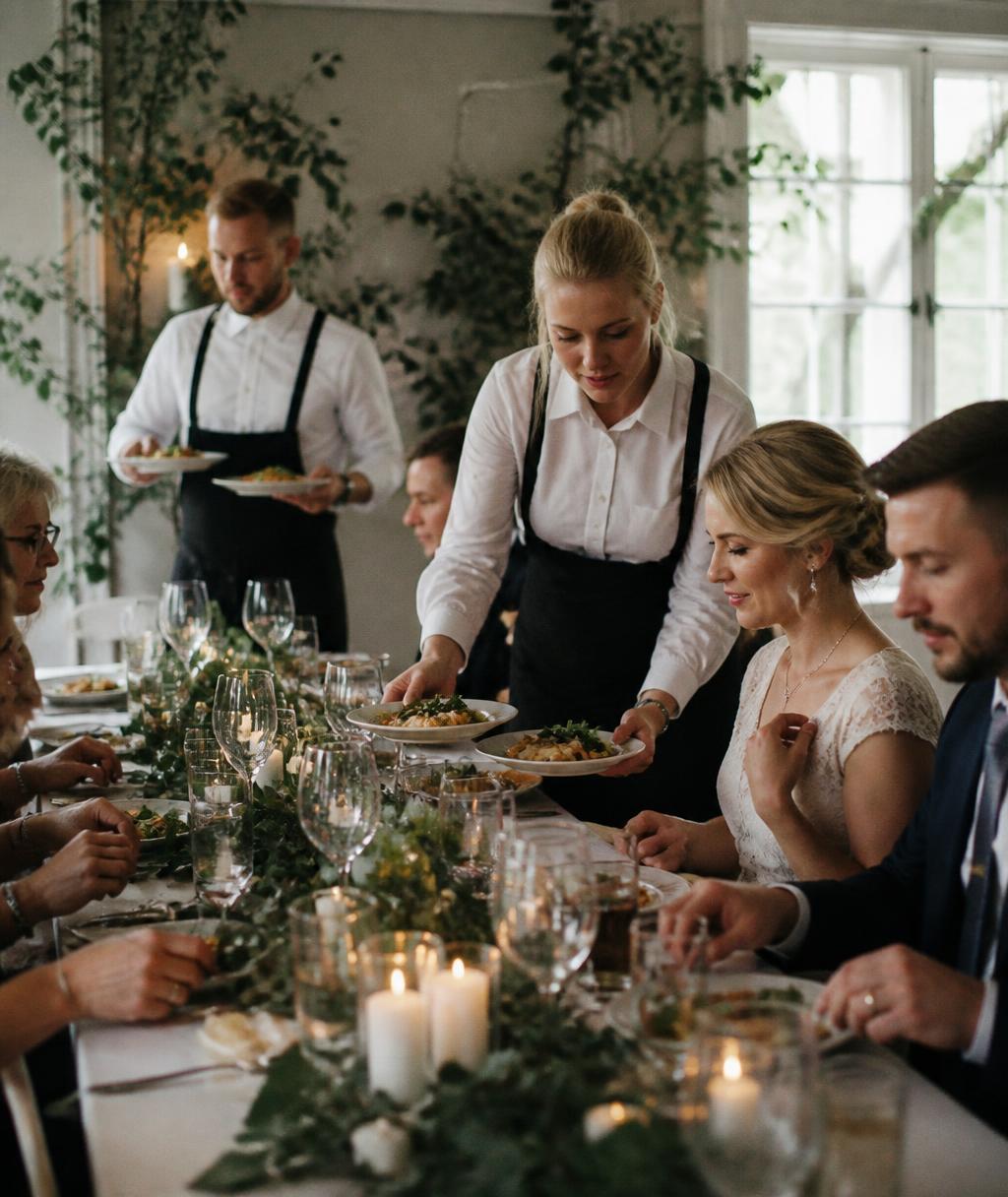 Servitörer serverar mat till gäster vid ett dukat bröllopsbord