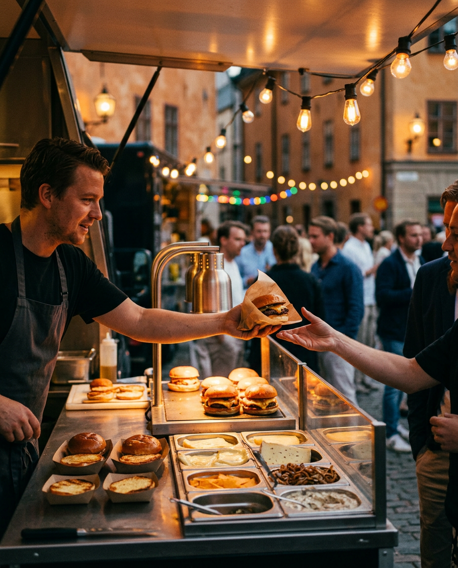 En foodtruck med ljusslingor som serverar hamburgare till gäster på en kvällsfest