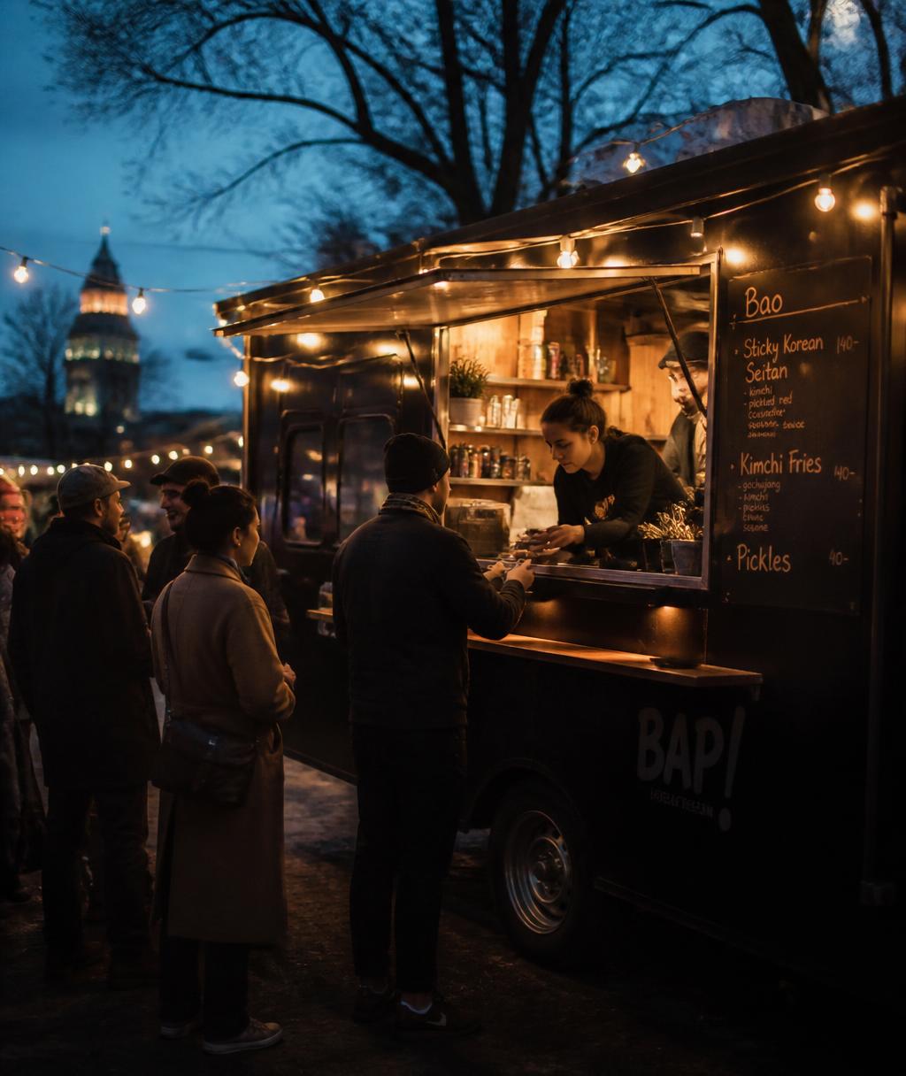 Food truck med ljusslingor som serverar mat till en kö av gäster i skymningen