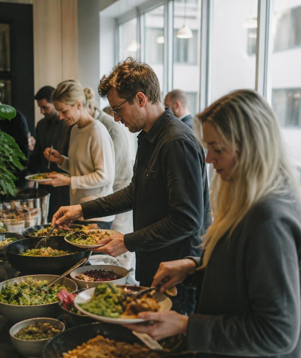 Kollegor tar mat från en lunchbuffé på ett kontor